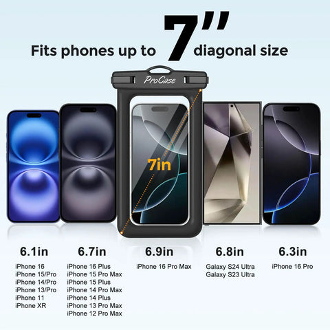 Floating Waterproof Phone Pouch IPX8 with 7-inch display phones, featuring iPhone and Galaxy models.