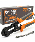8 Inch Mini Bolt Cutters Heavy Duty CrMo Wire And Fence Cutter next to product box and nails, showcasing compact design.