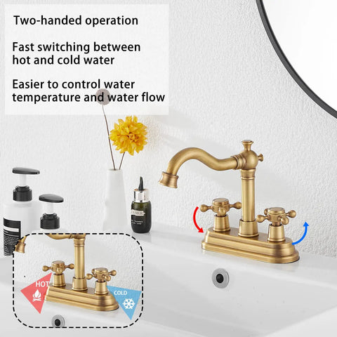 Antique Brass Two-Handle Four Inch Centerset Bathroom Faucet With 360 Degree Swivel High Arc Spout on vanity sink