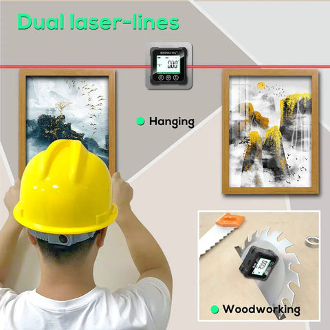 Rechargeable Magnetic Angle Finder With 0.01 Degree Resolution And 0.2 Degree Accuracy For DIY And Pro Woodworking Plumbing And Metalwork Ready To Roll Out Of The Box For Easy Leveling And Precision Angle Setup. Magnetic digital angle gauge on wall hanging and woodworking setup