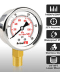 Front view of AetralYB 2-inch stainless steel liquid-filled pressure gauge, 0–200 psi, with 1/4 in NPT lower mount.