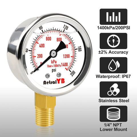 Front view of AetralYB 2-inch stainless steel liquid-filled pressure gauge, 0–200 psi, with 1/4 in NPT lower mount.