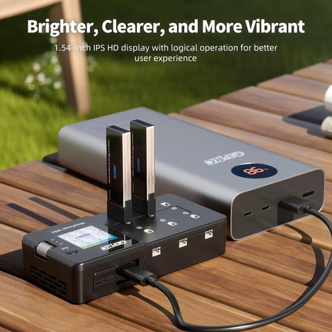 W63 FPV Drone Charger With Six Independent Ports and 1.54-inch IPS Display charging two batteries on a wooden table.