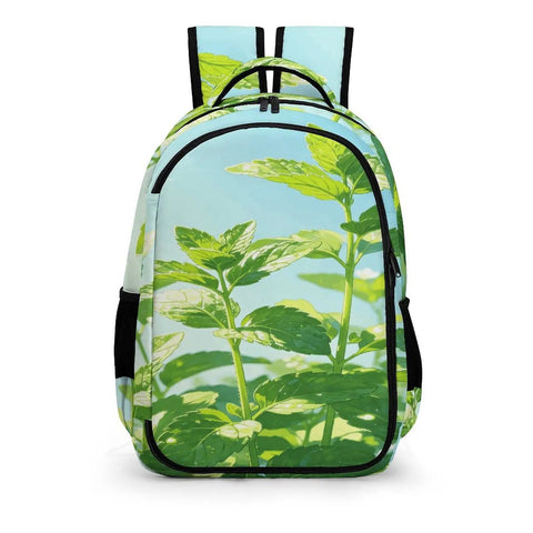 Dewy Mint White Flower Printed Unisex Backpack Dope With Large Capacity Durable Polyester Build Front View