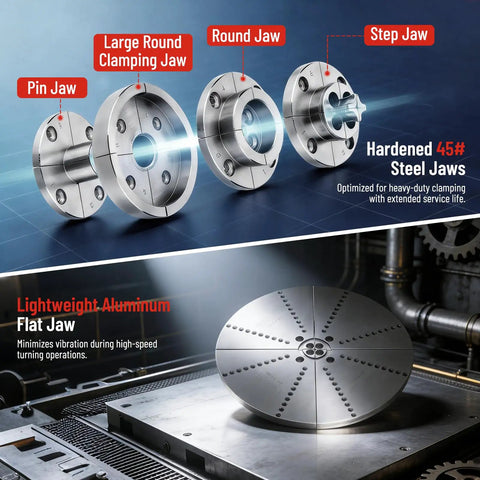 Slick Four Inch Wood Lathe Chuck Set Featuring Five Heavy Duty Jaws Plus A Sweet Ten Inch Aluminum Flat Jaw M33 To One By Eight TPI Adapter, showing various steel jaws.