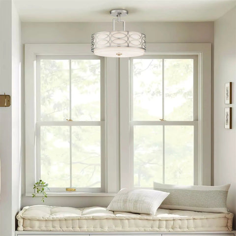 Sienna 15 Inch Sleek Modern Lattice Drum Semi Flush Mount Ceiling Light 3-Light Silver Finish in cozy window seat area.