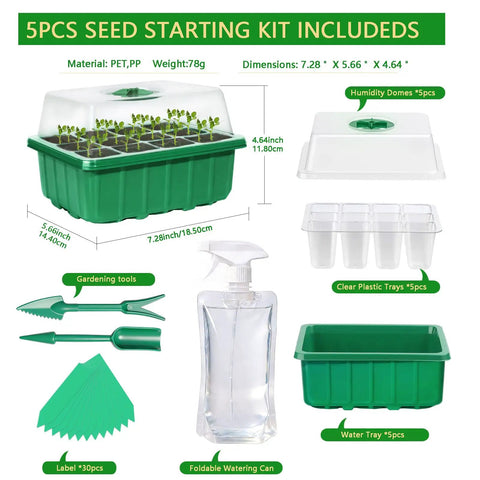 5 Pack Seed Starter Trays With Humidity Domes And Base, Germination Kit For Vegetables, Flowers, And Bonsai components displayed