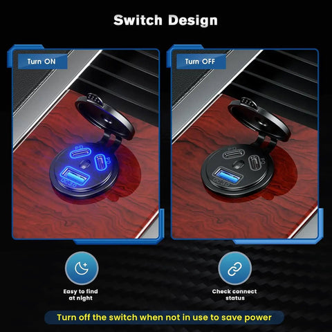 Heavy Duty Road Warrior Plug And Play Car Charger dual port Type C USB socket with illuminated switch design for easy use.