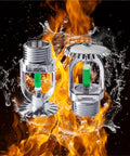 Built Tough Pendent Fire Sprinkler Head 93 Degree Activation One Half Inch Solid Copper Construction Five Pack in flames and water.