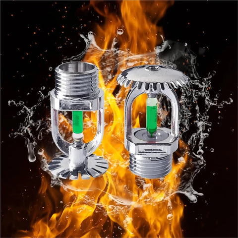 Top Shelf Pendent And Upright Fire Sprinkler Heads One Half Inch Dn Fifteen Copper Frame Glass Bulb Armor For Gymnasiums And Commercial Buildings Five Pack shown against flames and water.