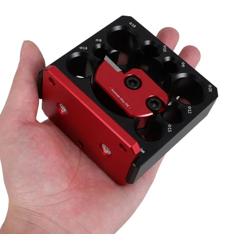 Premium Adjustable Dowel Maker Jig 8-Hole Aluminum Alloy held in hand, designed for precise wooden spindle cuts.