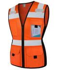 Womens Slim Fit Reflective Safety Vest With 11 Spacious Pockets Breathable Mesh High Vis Orange Work Gear worn front view.