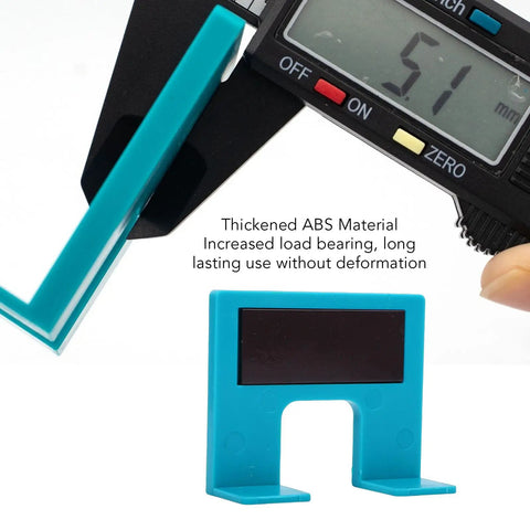 Close-up of Easy Hinge Mate Magnetic Jig showing thickness measurement with caliper, ABS material, magnetic strip visible.