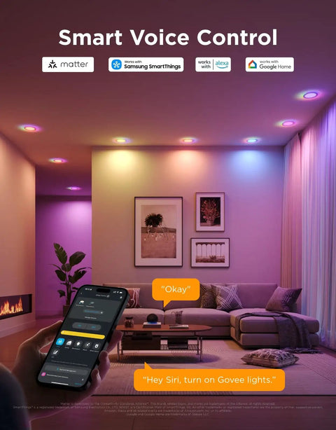 Game Changing Smart Recessed Lights 6 Inch Led Downlights 1100 Lumens 4 Pack With Rgbic Ambient Backlight And Tunable Color Temperature For Modern Home Spaces Fresh Vibe Upgrade in a cozy living room.