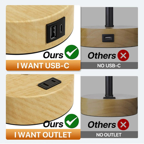 Comparison of bedside lamp bases showing ours with USB-C port and AC outlet, others without, emphasizing USB A and C ports.