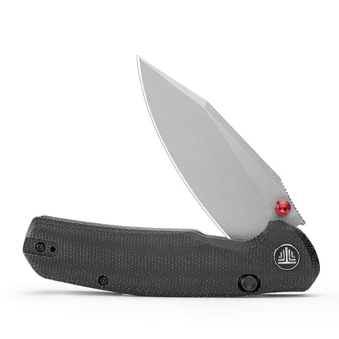 Folding Pocket Knife With A 3.34 Inch Blade And Button Liner Lock, PVD Coated Steel, partially open, side profile view.