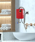 Sleek Red Instant Tankless Electric Water Heater, 3000W On Demand Wall Mount Unit, in stylish bathroom setting.