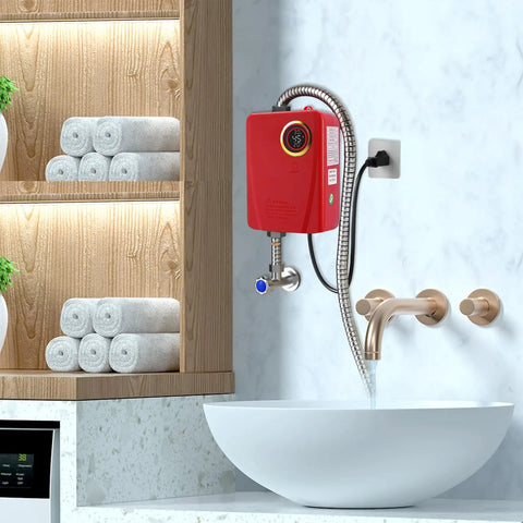 Sleek Red Instant Tankless Electric Water Heater, 3000W On Demand Wall Mount Unit, in stylish bathroom setting.