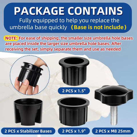 8 Piece Outdoor Patio Umbrella Base Replacement Parts Kit package contents with rings, stabilizers, and M8 knobs displayed.