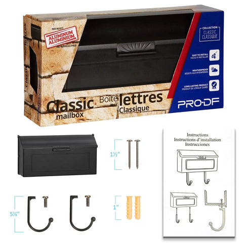 Packaging of Heavy Duty Cast Aluminum Wall Mount Mailbox With Newspaper Hooks Rustproof White Outdoor Mailbox For Porch Or Home Entrance Easy To Install Tough As Nails Coastal Ready Finish 16 By 4.25 By 8.25 Inches, showing mailbox components and installation instructions.