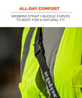 Close-up of a black Heavy Duty Sling Style Barcode Scanner Harness With Tether Lanyard over a bright yellow vest, showcasing webbing and buckle.
