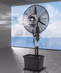 Solid Heavy Duty Outdoor Misting Fan With Oscillating Airflow And Integrated Water Chiller For Patios Yards And Really Large Versatile Commercial Cool Down Zones in action.