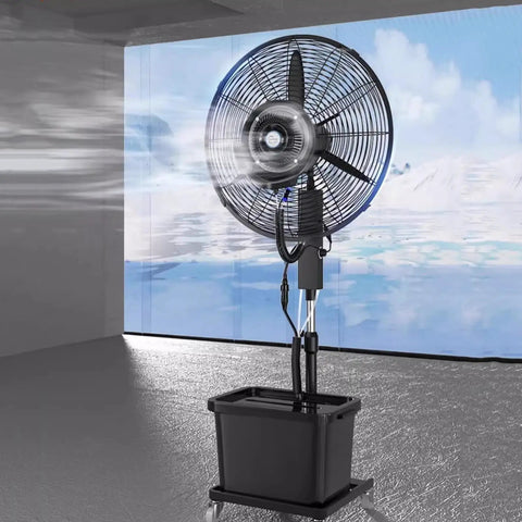 Solid Heavy Duty Outdoor Misting Fan With Oscillating Airflow And Integrated Water Chiller For Patios Yards And Really Large Versatile Commercial Cool Down Zones in action.
