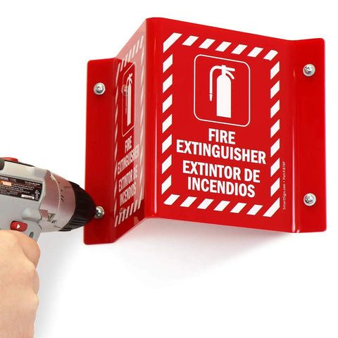 Fire Extinguisher Sign Bilingual Projecting Sign 5 By 6 Inch Acrylic Durable Outdoor Grade Emergency Safety Sign With Dual Language Messaging That Projects In Both Directions For Easy Location In Crises