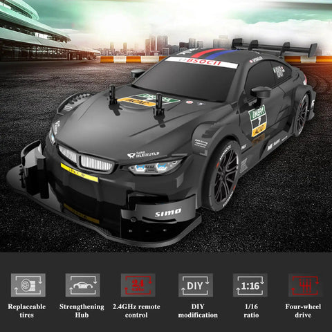 Front view of 1 16 Scale 4WD RC Drift Car, High Speed 40 KMH, 2 4 GHz Remote, realistic handling, sleek black exterior