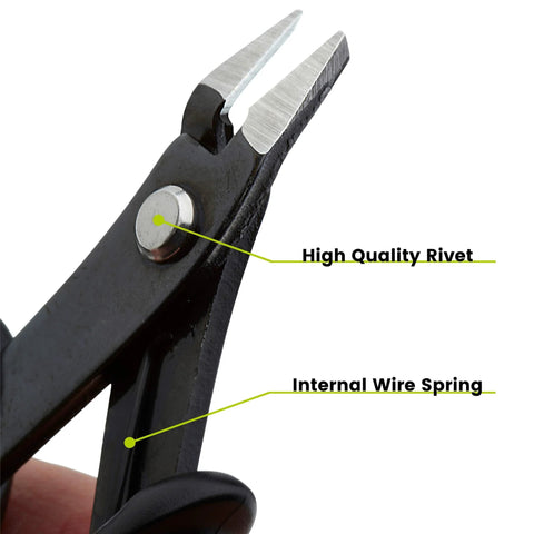 Close-up of trueCABLE precision flush cutter with black handle and silver blades
