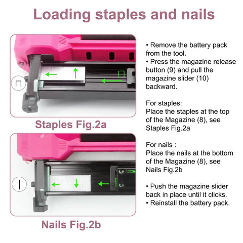 Heavy Duty 20V Cordless Brad Nailer Jam Free 18 Gauge Two In One Stapler Kit Finish Nail Gun instructions for loading staples and nails