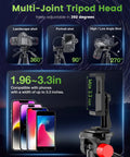Image of 74 Inch Lightweight Camera Tripod For Mirrorless DSLR Phone And Camcorder Aluminum Stand with adjustable head angles and phone holder, showing compatibility for phones with a width of up to 3.3 inches.