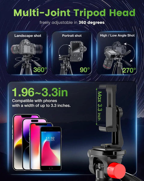 Image of 74 Inch Lightweight Camera Tripod For Mirrorless DSLR Phone And Camcorder Aluminum Stand with adjustable head angles and phone holder, showing compatibility for phones with a width of up to 3.3 inches.