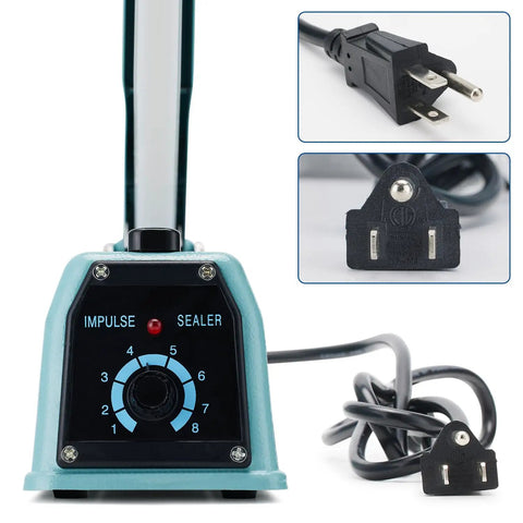 Close-up of Heavy Duty 12 Inch Bag Sealer With 2mm Seal Width Iron Impulse Heat Sealer control dial and plugs