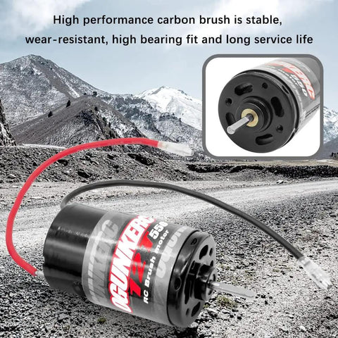 12T 550 Brushed RC Motor for 1 Tenth Scale Traxxas Slash and other RC trucks, shown on rocky terrain backdrop.