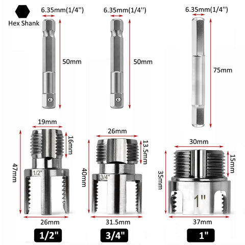 Three-Piece PVC Pipe Threader Kit With Internal And External Threading Heads For One-Half Inch, Three-Quarter Inch And One-Inch NPT