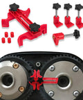 Dual Camshaft Locking Clamp Tool Kit For Car Engines showing gear clamps and timing belt sprocket in use