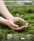 Hands holding soil and seedling, "80% Carbon Cut in 10 Years" text, environmental sustainability message and eco-certification logos.