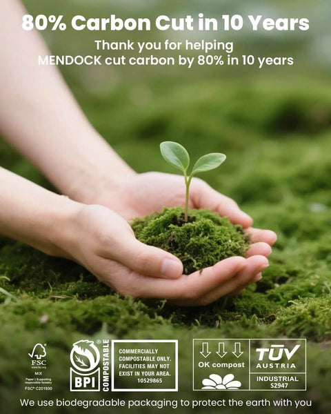 Hands holding soil and seedling, "80% Carbon Cut in 10 Years" text, environmental sustainability message and eco-certification logos.