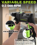 Beefy Half Inch Corded Hammer Drill For Concrete With Variable Speed 0 To 3000 RPM And 48000 BPM shown drilling into wood