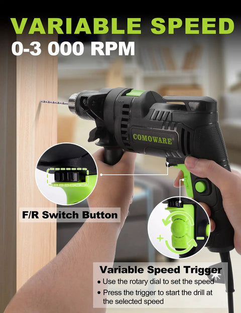 Beefy Half Inch Corded Hammer Drill For Concrete With Variable Speed 0 To 3000 RPM And 48000 BPM shown drilling into wood
