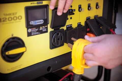 Close-up of ports on 15,000-Watt MKE Series Portable Generator With Electric Start and CO Shield, 9-Hour Runtime, 78 dBA at 23 Feet