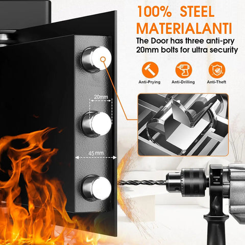 Close-up of Compact Home Fireproof Safe with steel door and anti-pry bolts, highlighting security features.