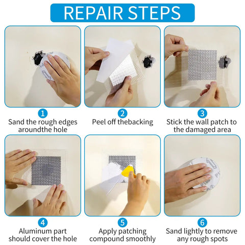 Repair steps using Heavy Duty Drywall Patch Kit 20 Pack With Aluminum Wall Patches And Fiber Mesh Over Galvanized Plate.