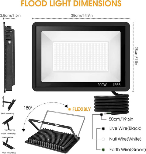 2 Pack 200W LED Flood Light With 22500 Lumens, IP66 Waterproof Outdoor Floodlights dimensions and mounting details