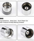 Chrome bearing protectors for trailer axles, pair; front and side views show inner bearing area.