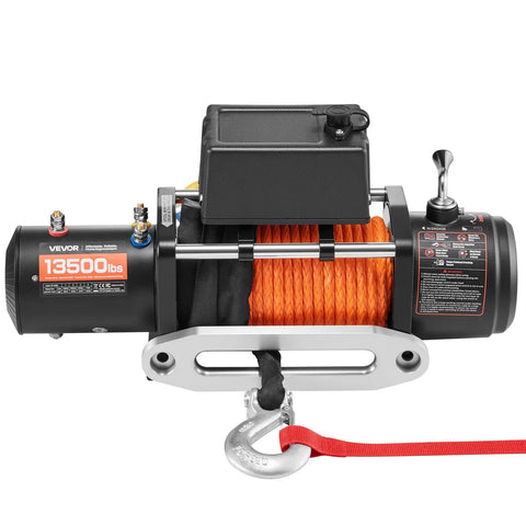 Beefy 13,500 Lb Electric Winch For Off Road Rigs And Trucks 12V DC Three Eighths Inch X 80 Ft Synthetic Rope Aluminum Fairlead
