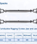 Five Pack Beefy Stainless Steel Jaw And Jaw Turnbuckle Rigging Screws Three Sixteenth Inch M5 Closed Body Marine Grade Corrosion Resistant With 1100 Lb Working Load Capacity Ideal For Boat Yacht Dock Lines And Outdoor Rigging displayed in two full-length views with size specifications.