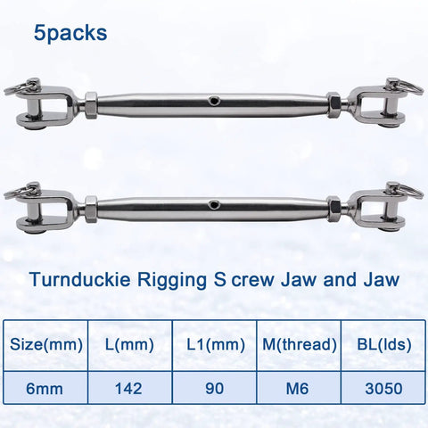 Five Pack Beefy Stainless Steel Jaw And Jaw Turnbuckle Rigging Screws Three Sixteenth Inch M5 Closed Body Marine Grade Corrosion Resistant With 1100 Lb Working Load Capacity Ideal For Boat Yacht Dock Lines And Outdoor Rigging displayed in two full-length views with size specifications.
