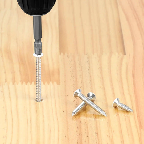 Big Time Grip Flat Head Wood Screws Size Eight By One Half Inch With Crisp White Painted Cap 304 Stainless Steel Mix being installed in wood.